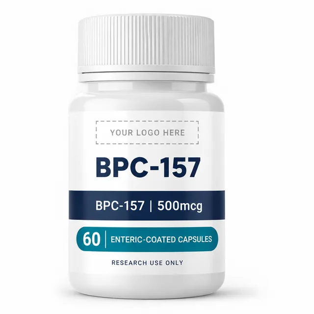 BPC-157 capsules with a your-logo-here label
